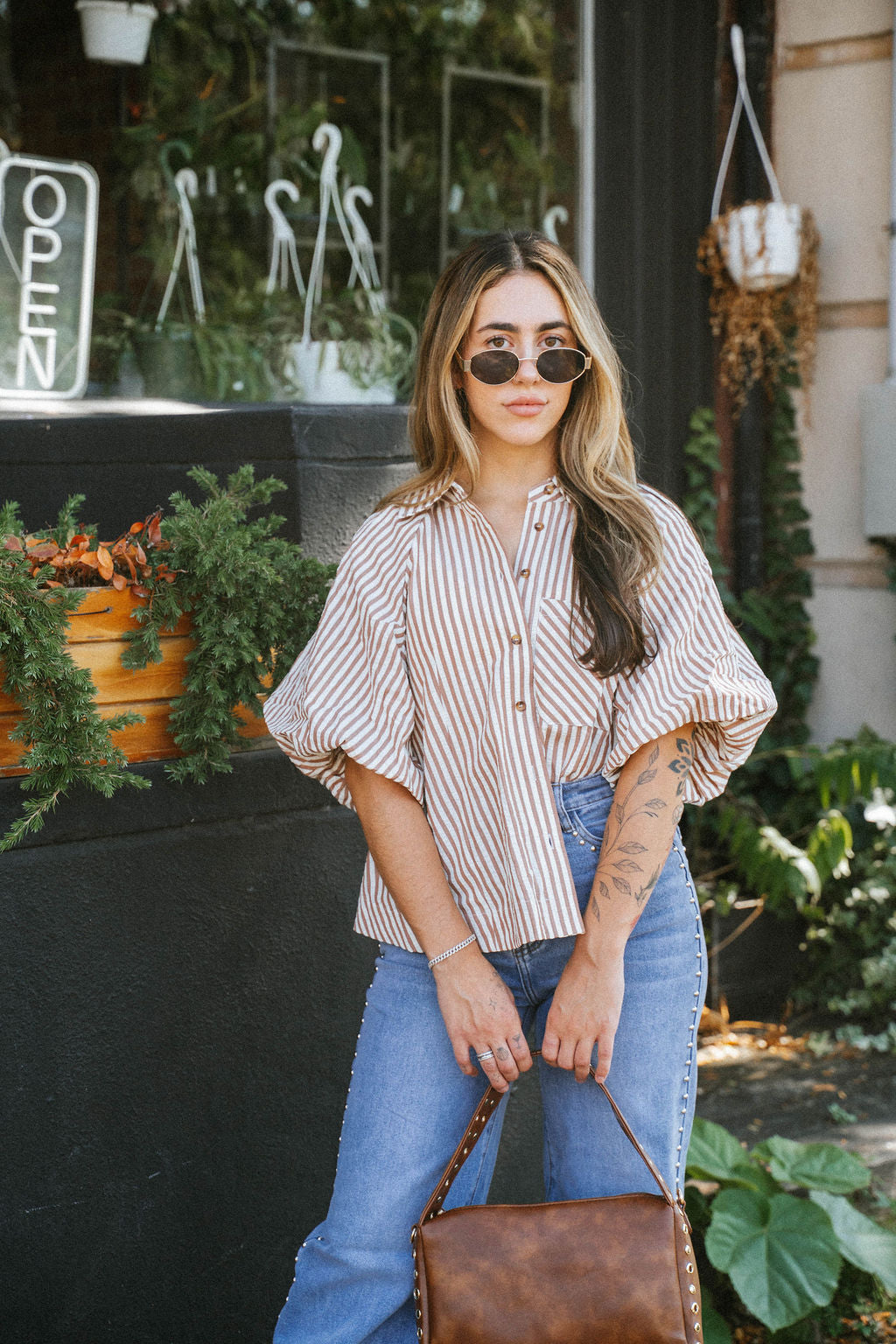 Florence Striped Blouse- Mocha