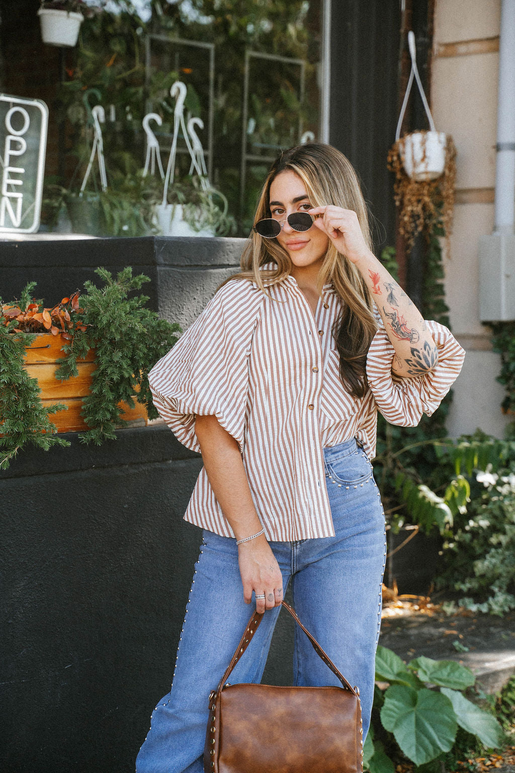 Florence Striped Blouse- Mocha