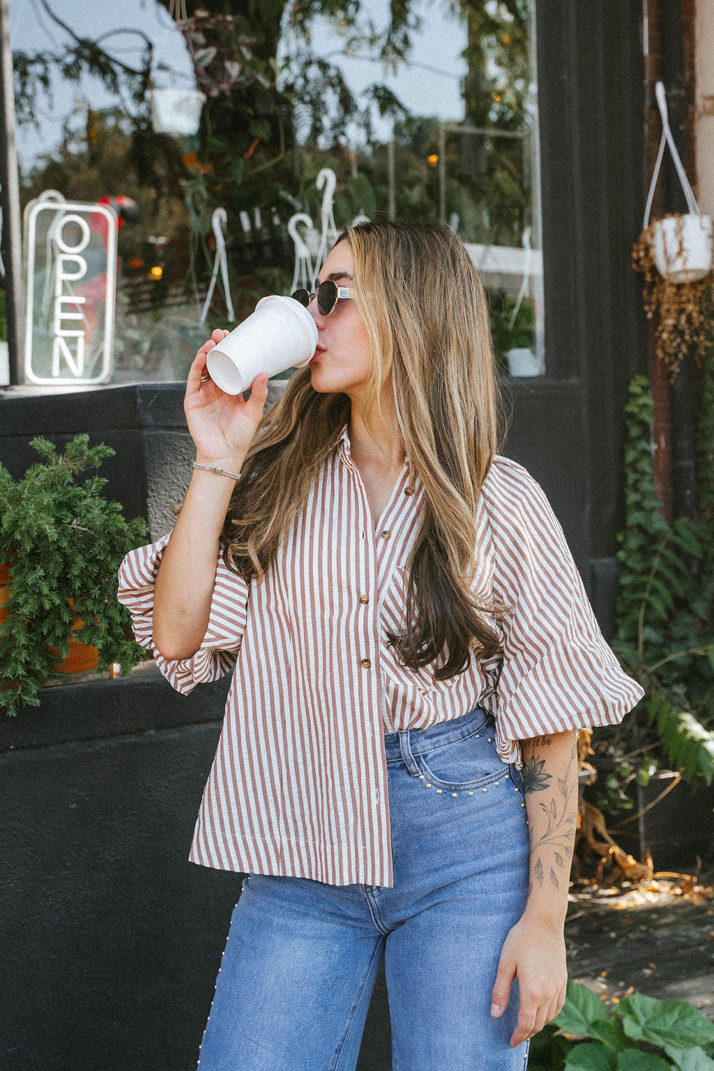 Florence Striped Blouse- Mocha