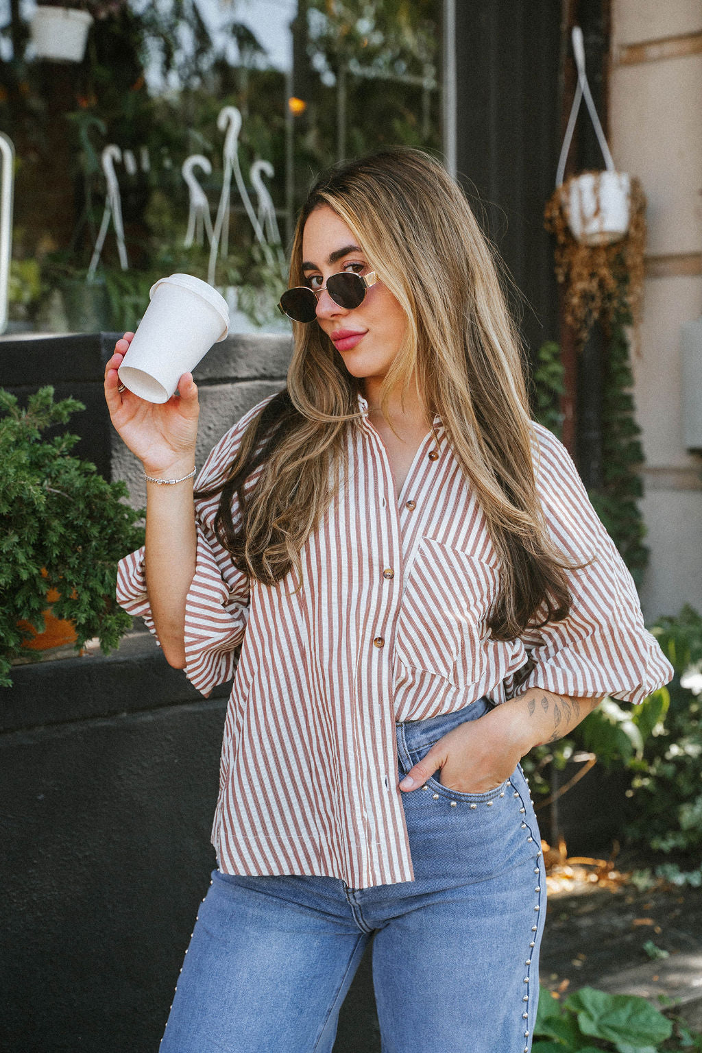 Florence Striped Blouse- Mocha