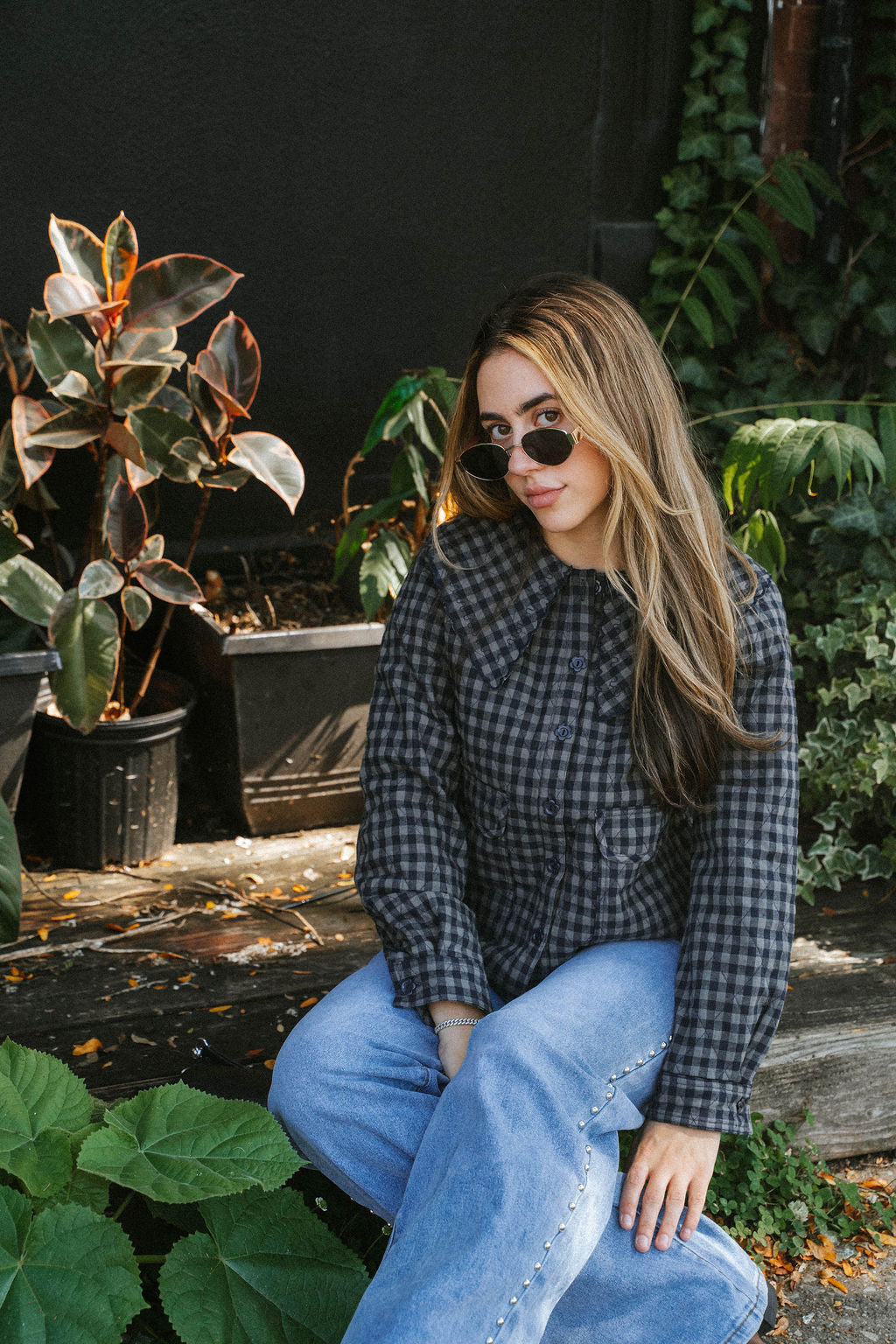Navy/Grey Quilted Gingham Button-Up Jacket