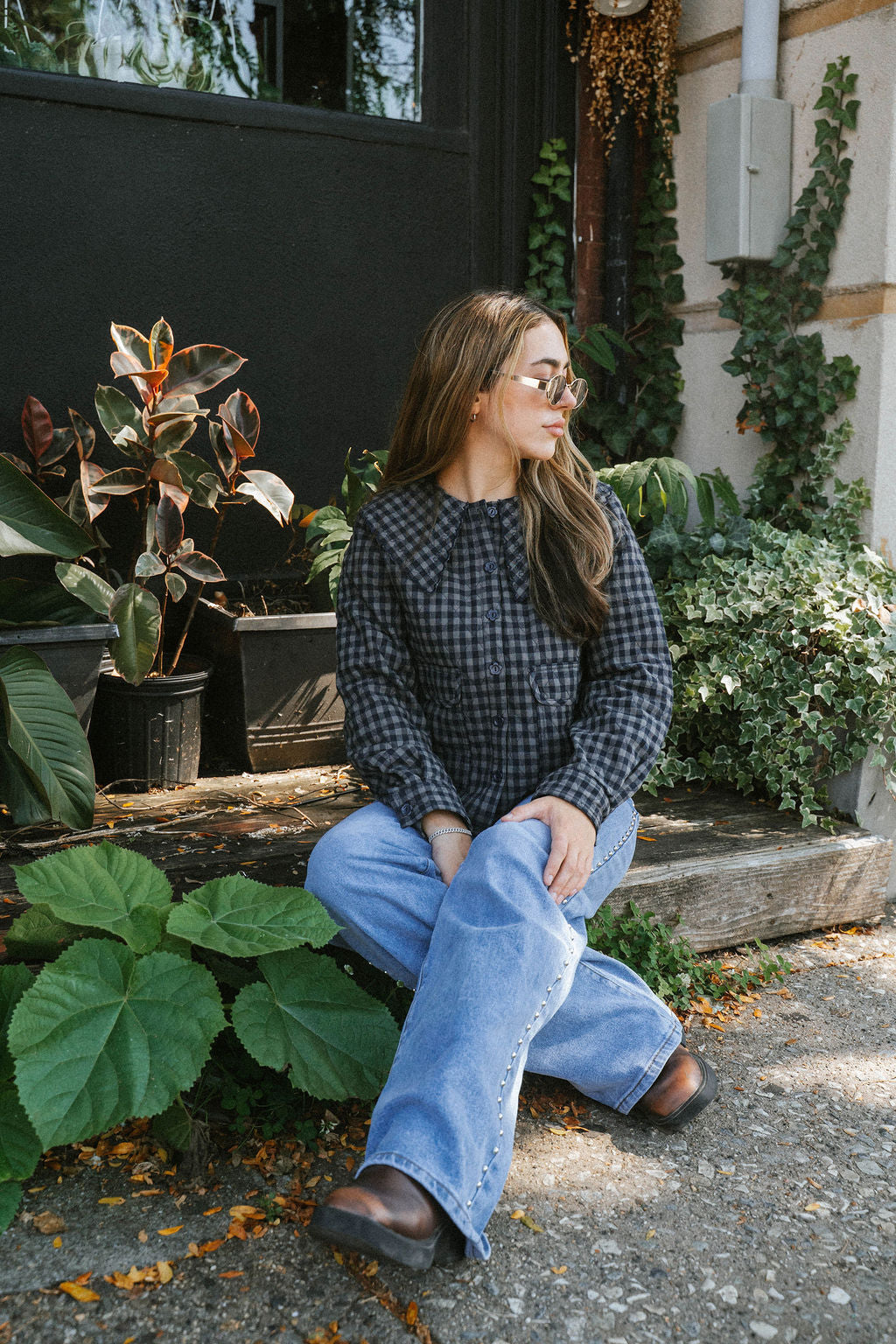 Navy/Grey Quilted Gingham Button-Up Jacket