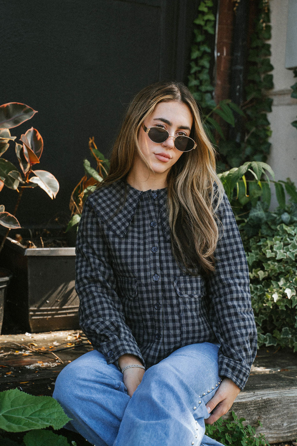 Navy/Grey Quilted Gingham Button-Up Jacket