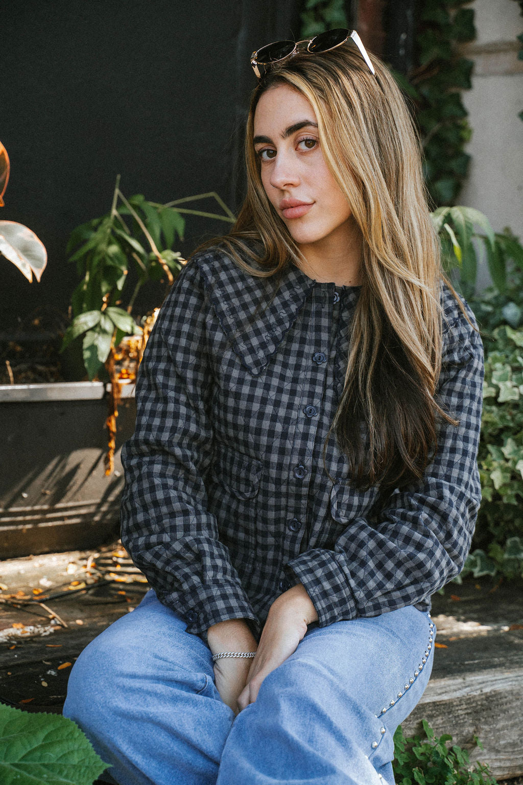 Navy/Grey Quilted Gingham Button-Up Jacket