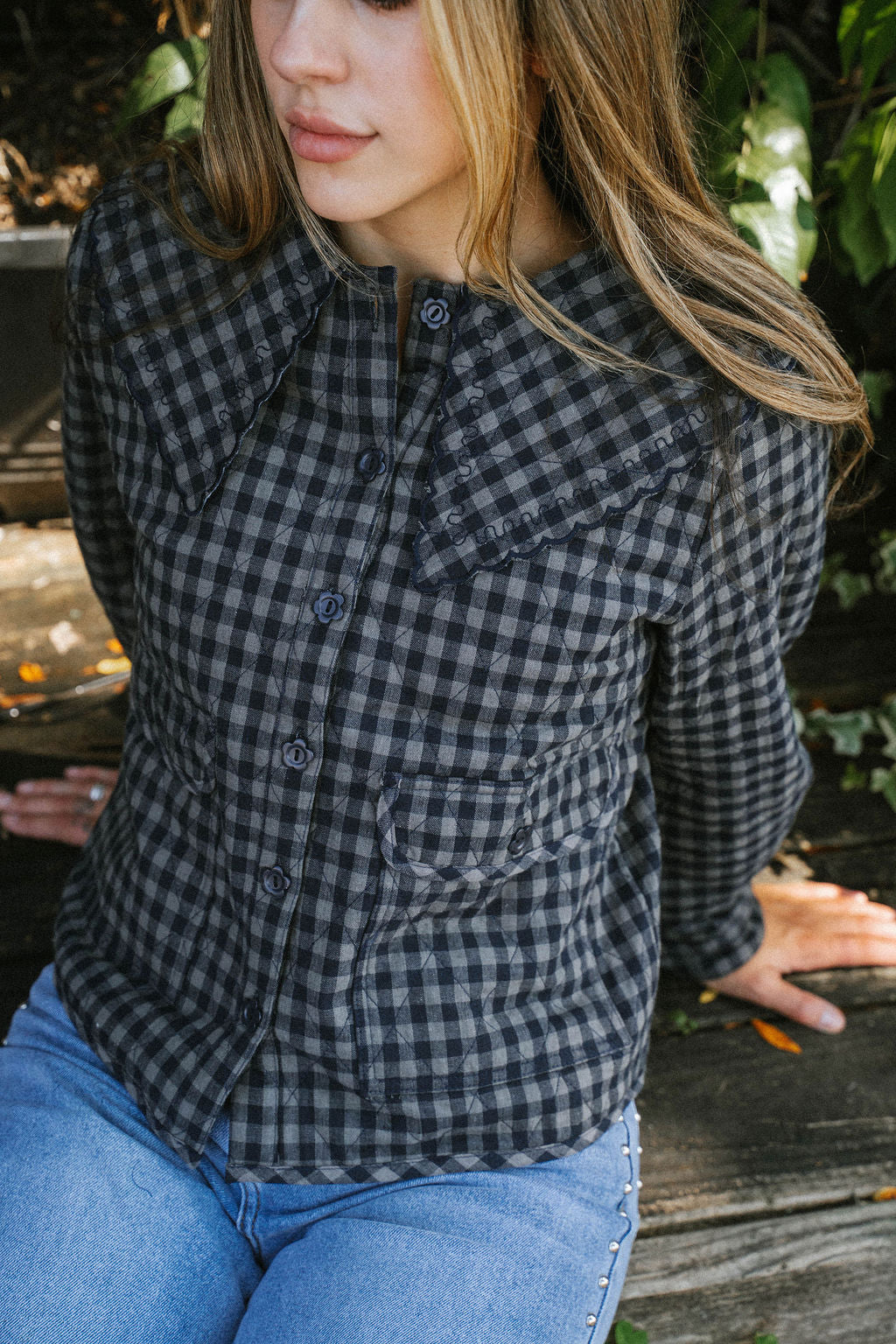 Navy/Grey Quilted Gingham Button-Up Jacket